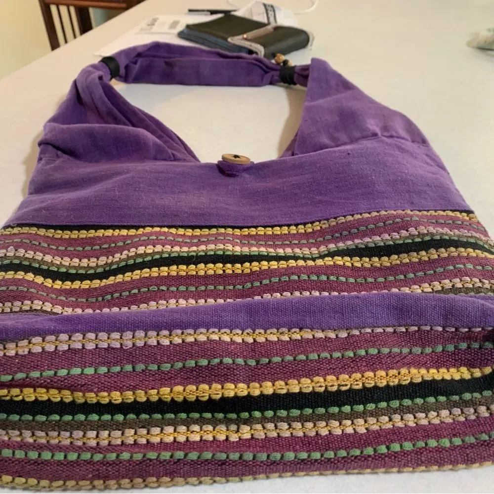 Handcrafted Purple Hobo Bag with Decorative Embroidered Stripes